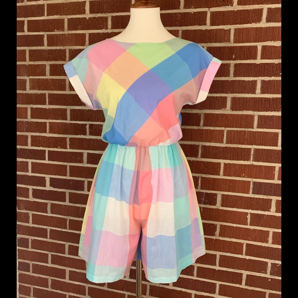 Rare VTG Pastel Pink Checkered Shorts Onesie